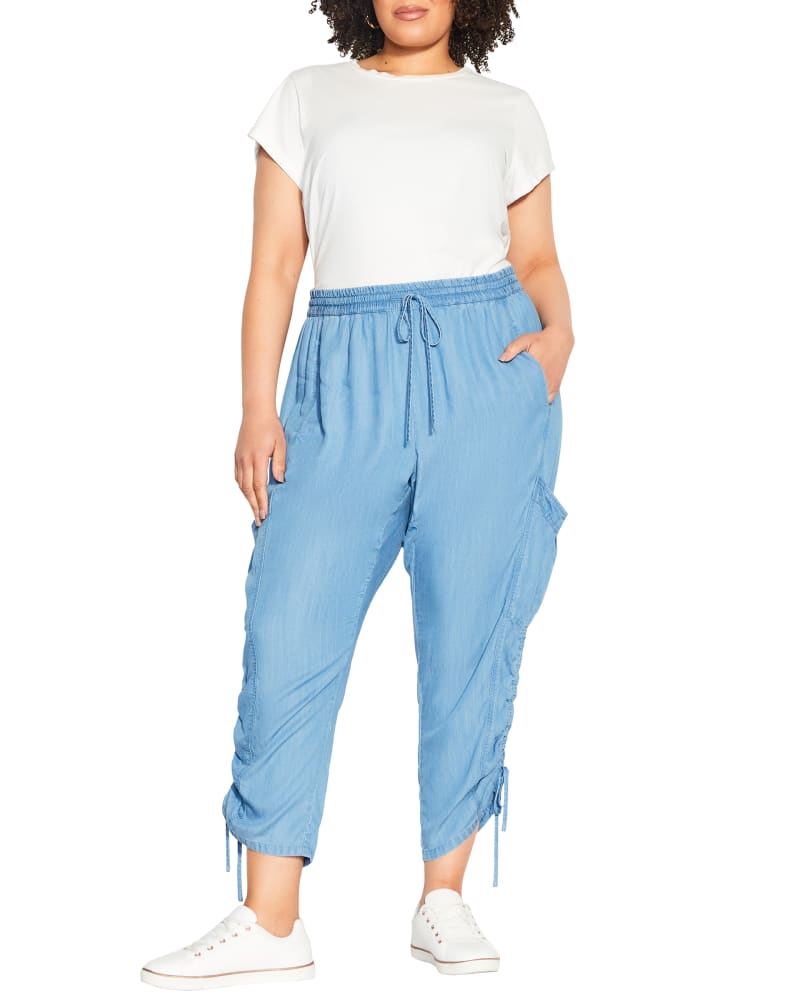 Front of a model wearing a size 14 PANT CAMILLE in Chambray by avenue. | dia_product_style_image_id:265926